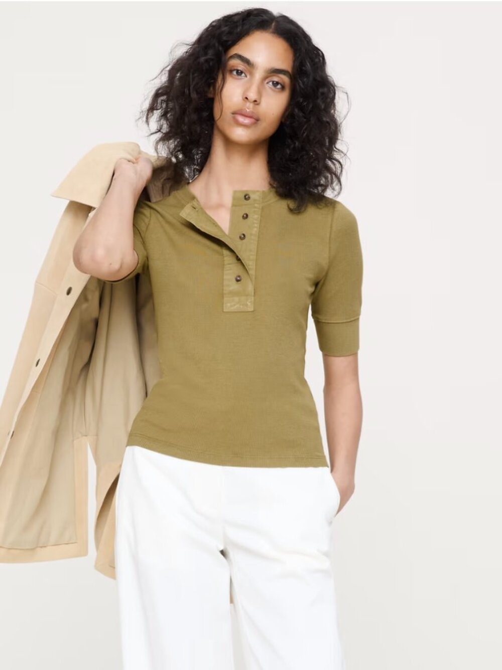 Banana Republic Ribbed Henley, Green Moss - XS